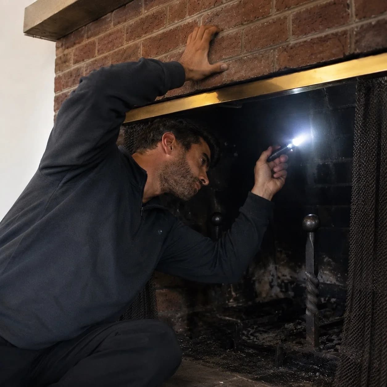 Technician crouched at a brick fireplace, using a flashlight to inspect the firebox and damper.